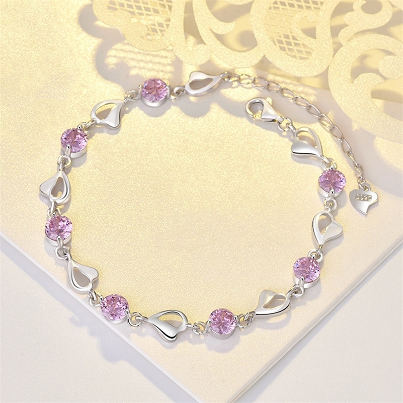 925 Sterling Silver Heart Shaped Bracelet For Women Retro Korean Versatile Pink Crystal Charm Bracelets Original Party Jewelry260920ww