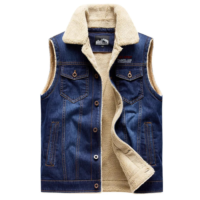 Fashion Men Multi-pockets Denim Waistcoats Man Winter Fleece Warm Sleeveless Jackets Vests Quality Male Cotton Jeans Vests 4 261015