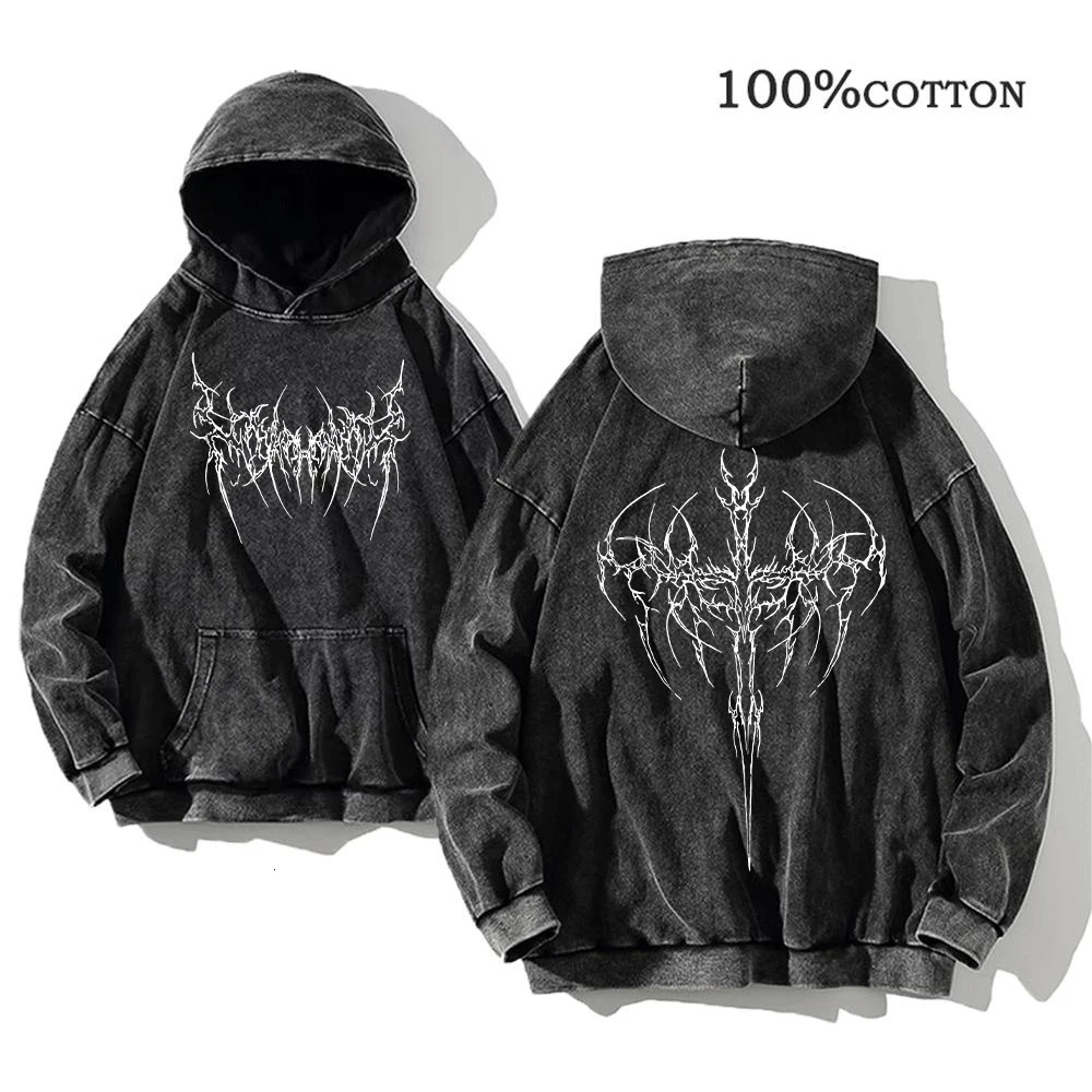 Mens Gothic Thorn Print Washed Hoodie Loose Fit 100% Cotton Distressed Style Street Fashion Autumn Winter Commuter Wear 261017