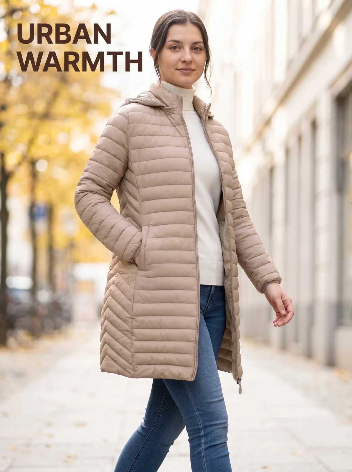 Women's Down Parkas Ultralight Packable Puffer Coat for Women Long Warm Loose Solid Outwear with Detachable HoodT261017