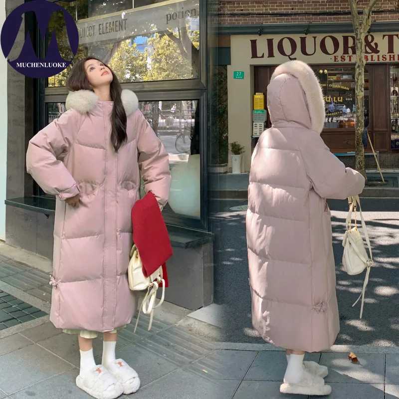 Women's Down Parkas Women's Elegant Hooded Winter down Jacket with Fur Collar Thick Long Korean Fashion Casual Loose Warm Parker CoatT2610