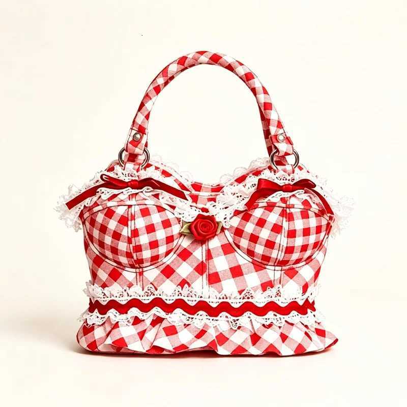 Evening Bags Totes Floral Plaid Lace Rose Handbag Vintage Checkered PU Leather Tote Bag Stylish Bosom-Shaped Purse Cute Lady Daily Shoulder Bag H261