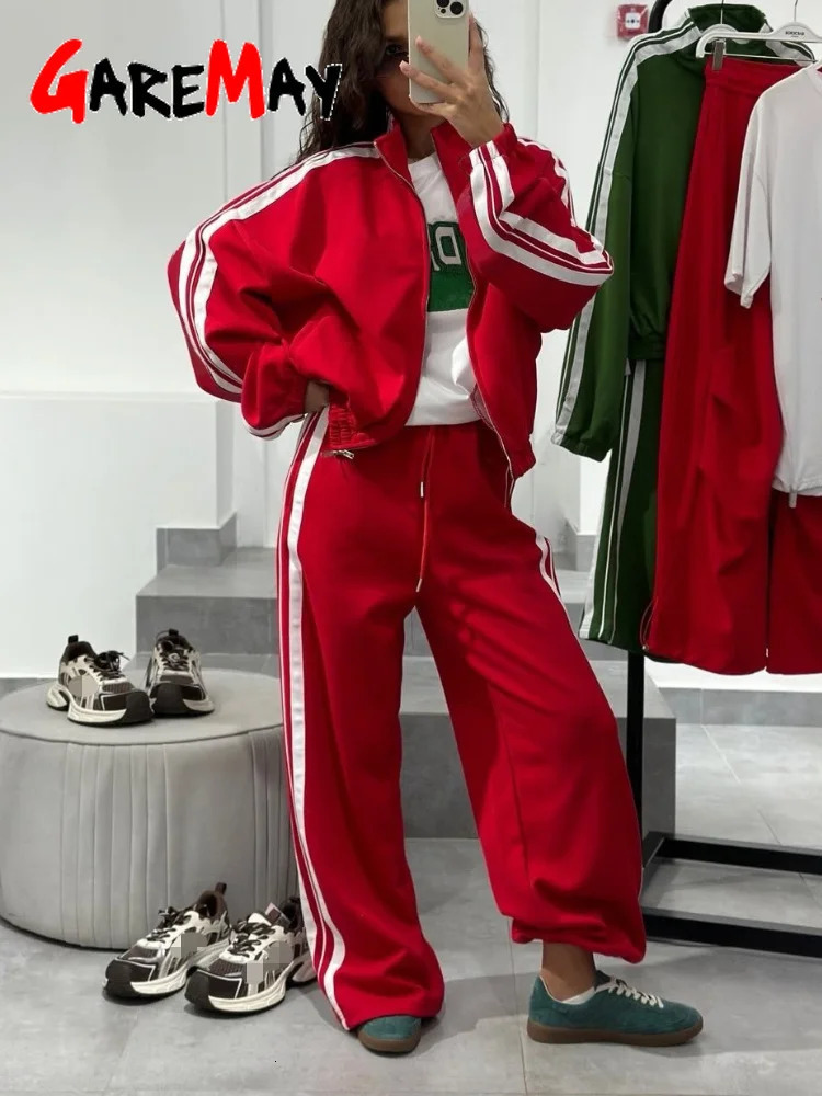 Garemay Red Womens Tracksuit with Zipper Trousers Stripes Two Piece Set Women Classic Cotton Autumn Brown Tracksuit for Women 261016