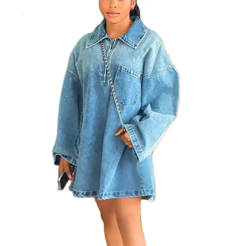 Women Zipper Splice Large Lapel Neck Dress Fashion Casual Loose Denim Gown Spring Autumn Long Sleeve Female Dresses 261015