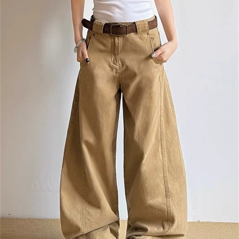 Y2K American Retro Khaki Jeans Women Curved Knife Loose Wide Leg Straight Casual Long Pants 261016