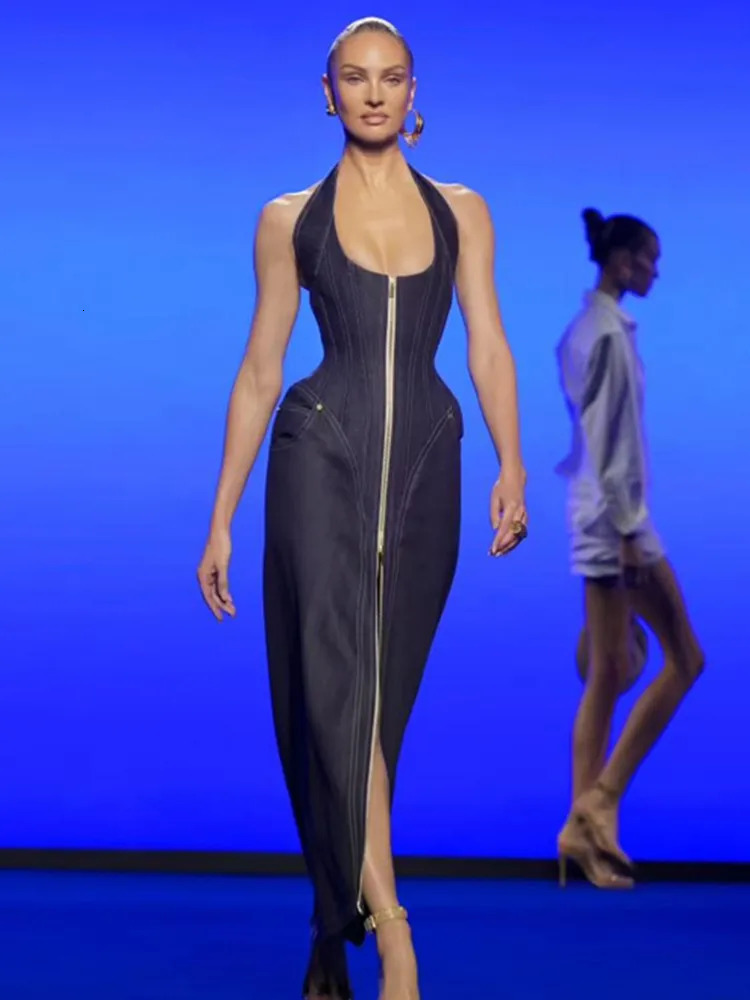 Women Celebrity Sexy Backless Halter Blue Zipper Denim Maxi Long Gowns Dress Elegant Evening Party Club Vestido 261015