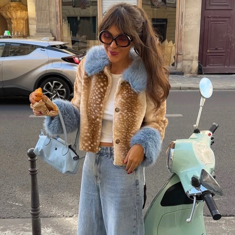 Deer Print Faux Fur Coat Women Blue Fur Collar Cuff Single Breasted Short Outerwear Vintage Y2K Street Casual Ladies Jacket 261016