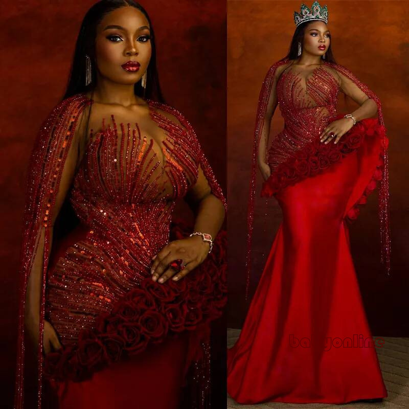 Plus Size Wine Red Prom Mermaid Evening Dresses For Special Occasions Beaded Flora Sheer Neck Crystals Pearls Party Dress Second Reception Gowns Am3