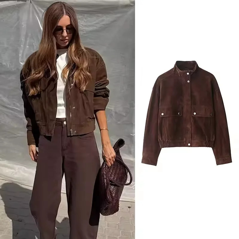 Women Suede Leather Jacket with Pockets Autumn Fashion High Collar Long Sleeve Button Jacket Lady Coats Causal Female Chic Tops 261016