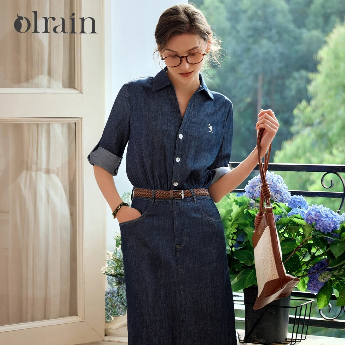 OLrain Women's Autumn Blue Denim Dresses Woman 2025 Office Ladies Elegant NineSleeve Split Midi Dress M57QL000065 261015