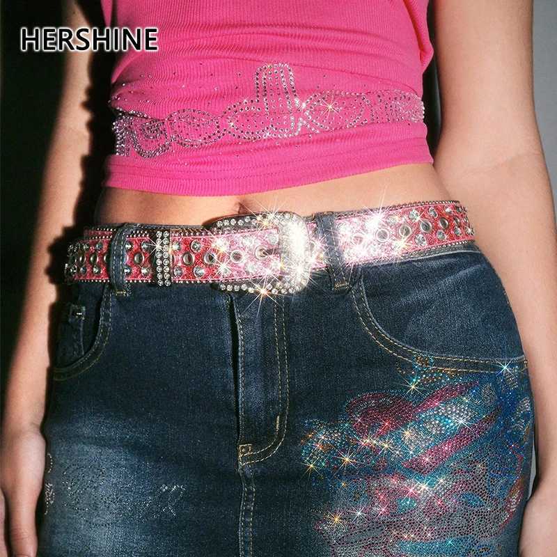 HERSHINE Women's Pink Sexy Fashion Rhinestone Leather Belt Y2K Gothic Punk Harajuku Street Rock Hip Hop Stylespringsummer S261017USJ1