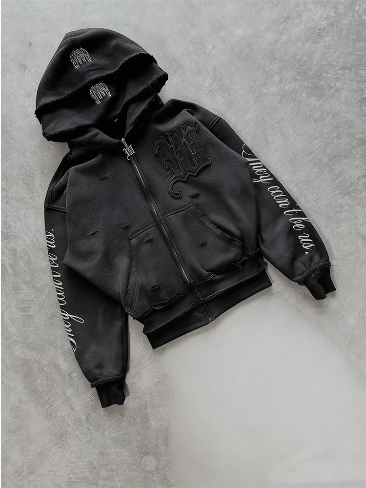 Trendy Creative Applique Letter Print Double Hat n Womens Clothing Zippered Hoodie Loose Casual y2k hoodie girlfriend 261017