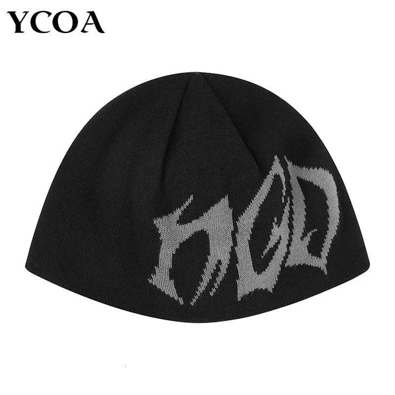 Beanie/Skull Caps Women Beanie Korean Letter Jacquard Black Winter Warm Knit Vintage Y2k Hats Streetwear Wool Fashion Aesthetic Unisex AccessoriesT2
