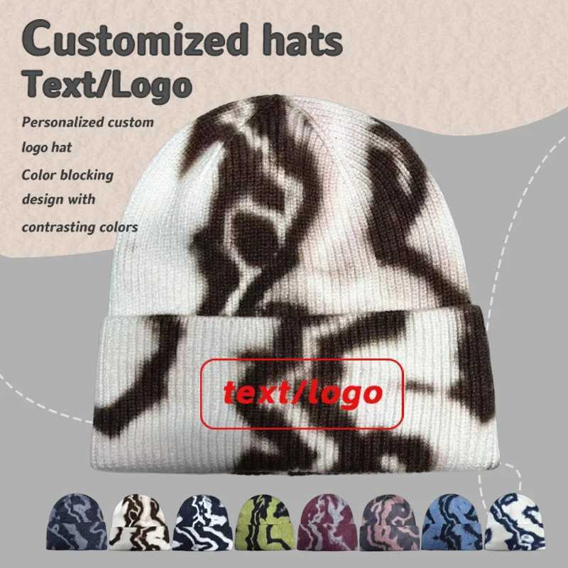 Beanie/Skull Caps Custom Embroidered Tie Dyeing Knitted Hat for Unisex Autumn and Winter Outdoor Cold Protection Ear Protection Skull BeanieT261017