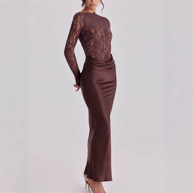 Sexy Women Lace Patchwork Long Sleeve Maxi Dress Elegant Satin Bodycon Evening Party Prom Dress Formal Wedding 261016