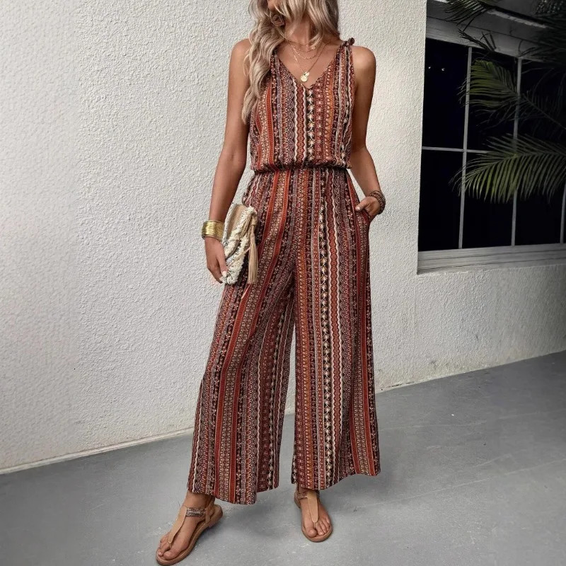 Women's Boho Striped Print VNeck Sleeveless Elastic Waist Wide Leg Jumpsuit With Pockets 261015