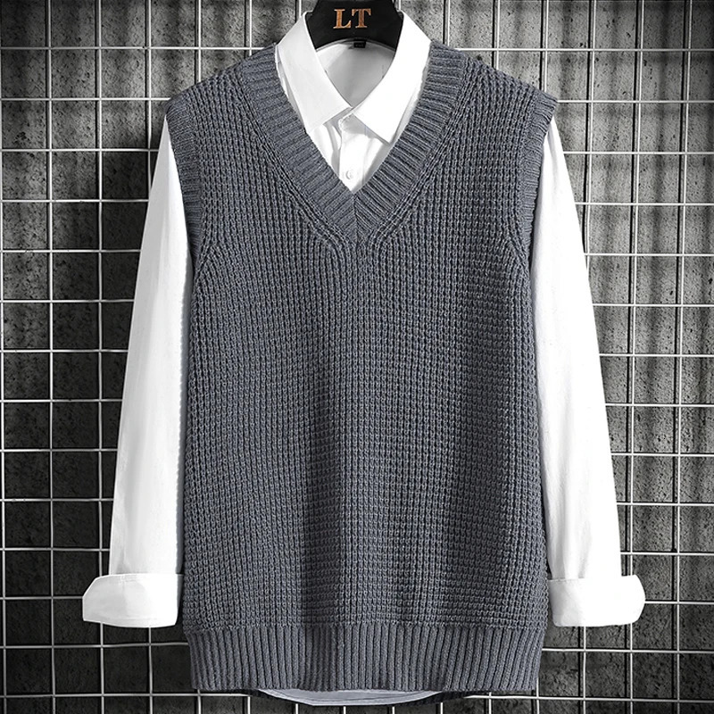 Mens V-Neck Sweater Vest Autumn Winter Sleeveless Chunky Sweater Knit Vest Korean Fashion Casual Unisex Pullover Streetwear 261015