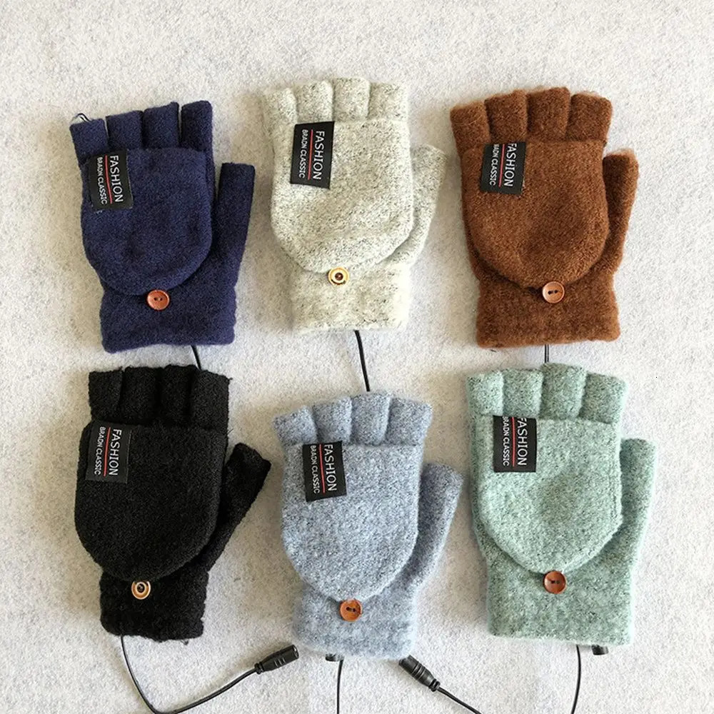 1 Pair Unisex USB Electric Heating Winter Outdoor Heated Gloves Pure Color Full Half Finger Warmer Mitten 261017