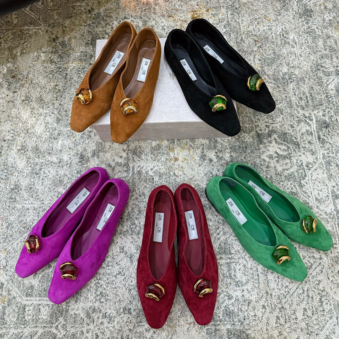 Luxurious Women's Flat Shoes Vintage Ballet Flats, Women Designer Pointed Toe Suede Flats, Tortoiseshell Buckle, 5 Color Options, Free Shipping