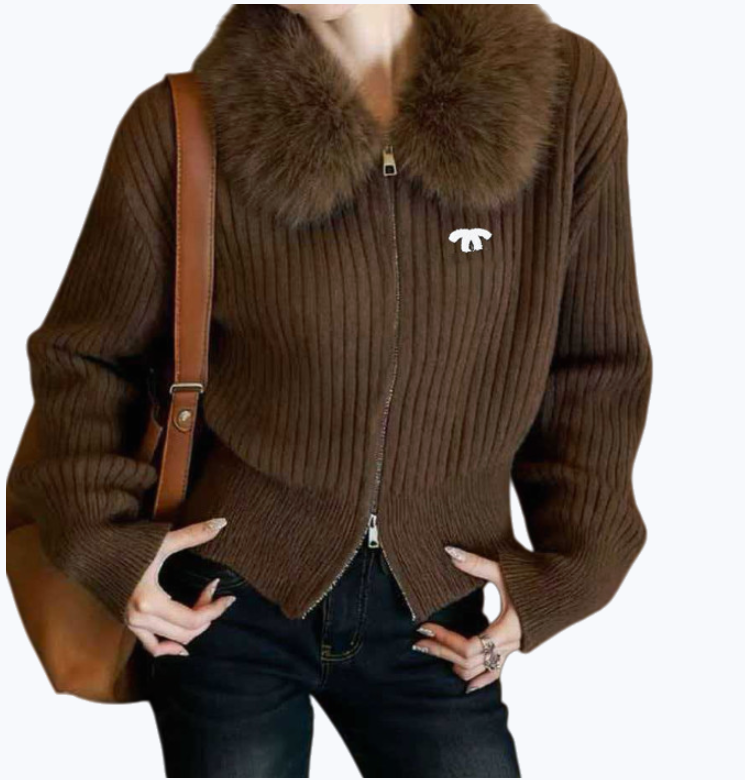 women designer Sweater Womens sweater jacket with fur trim and double zippers Fashion cardigan autumn and winter solid color knitted sweater