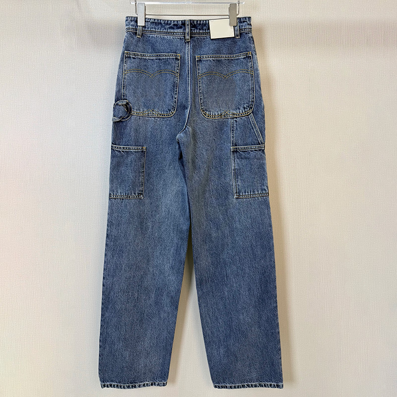 Women Retro Washed Denim Pants Luxury Embroidered Pocket Cargo Jeans Spring Autumn Outdoor Street Stylish Jean Trousers