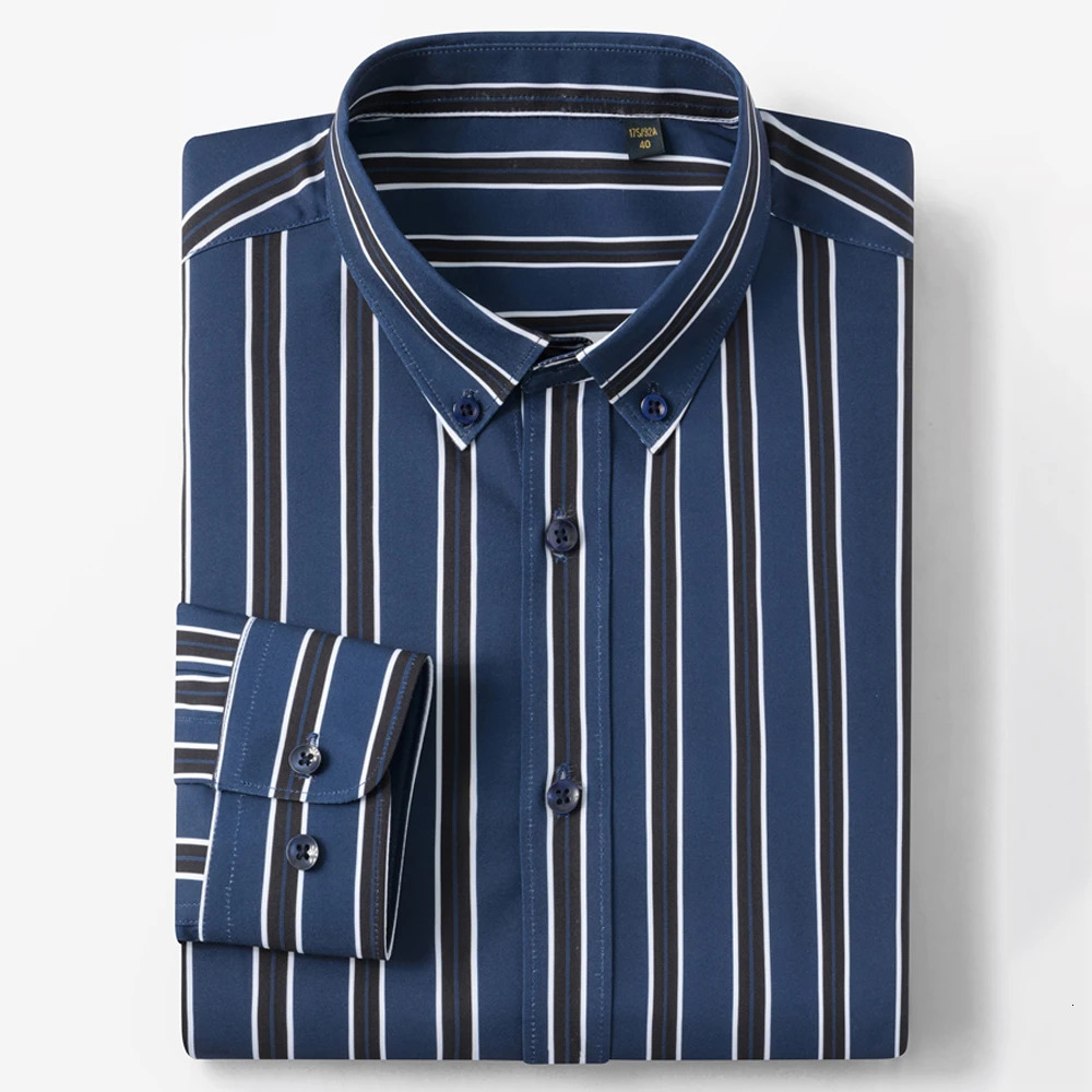 Men's Elegant Striped Iron-Free Long Sleeve Dress Shirts - Breathable Stretchy Casual Button Up Shirt For Formal Occasions 261014