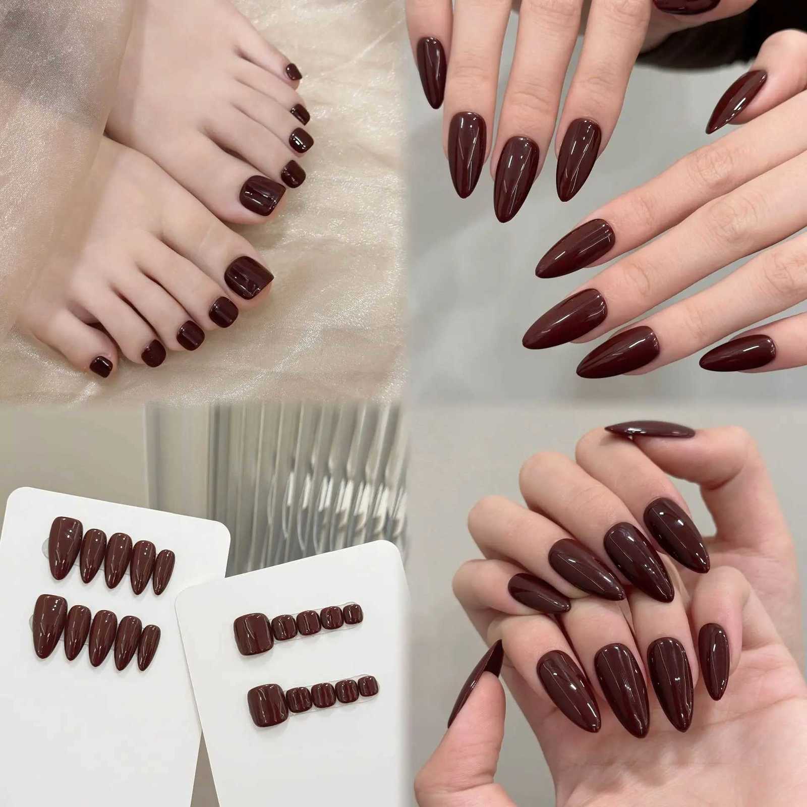 False Nails 10pcs Handmade Press on Nails Simple Solid Color Almond Fake Nails Full Cover Wearable Lady Summer Brown False Toenails Set Q261017