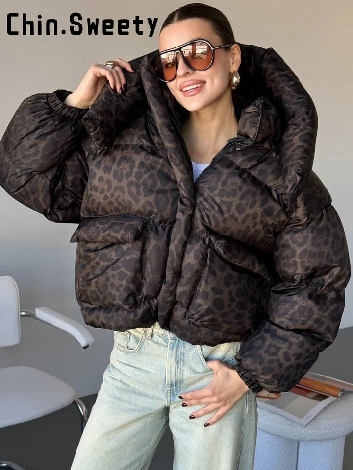 Womens Leopard Print Hooded Cotton Padded Jackets Stand Collar Zipper Short Puffy Coats 2026 Winter Lady Street Warm Outerwear 261016