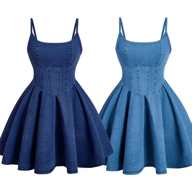 Women Cami Pleat Dresses Denim Solid Dress A Line Mini Lenth Strapless Sleeveless Waist Cinch Casual Office Lady 2026 Summer 261015