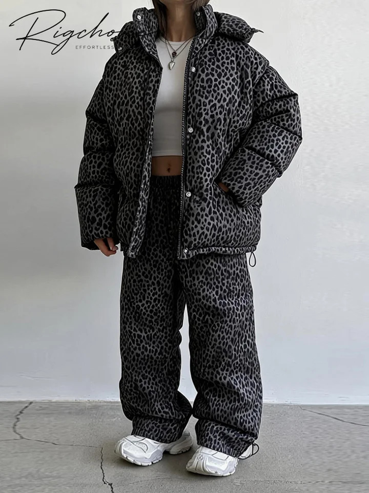 Leopard Print Puffer Set Solid Chic Hooded Loose Jacket High Waist Snow Pants Women 2026 Autumn Winter Casual Fashion Warm Suit 261016