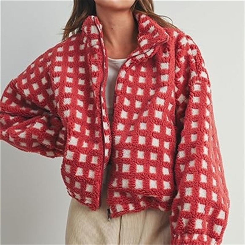 Womens Cute Sherpa Fleece Jacket Fuzzy Zip Up Checkered Cropped Going Out Jacket Teddy Fluffy Casual Y2K Outerwear 261016