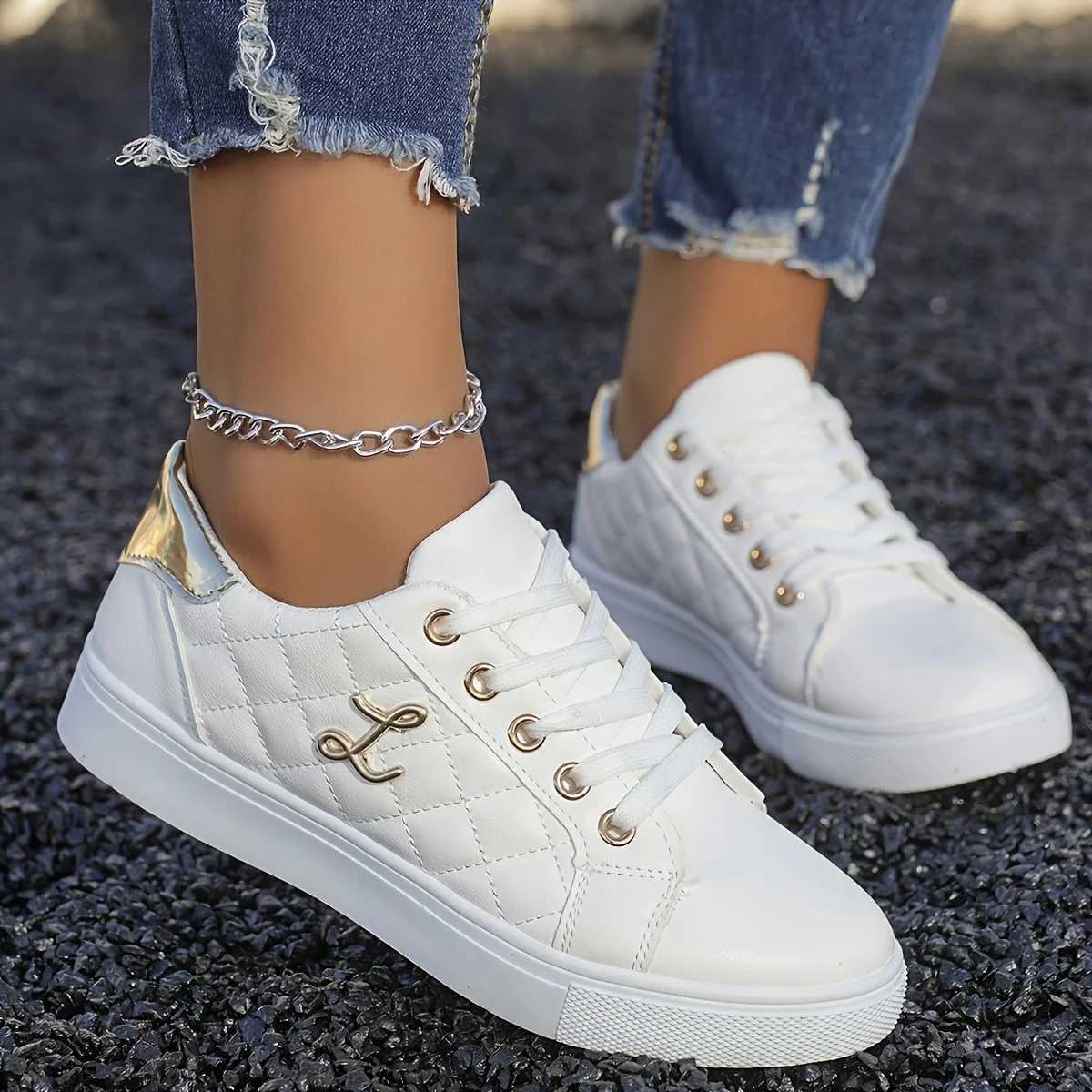 Casual Shoes Fashion Lightweight Women's Sneakers - Black White and Gold Embellished Lace-Up Low-Top Casual Shoes for All Seasons H2610161
