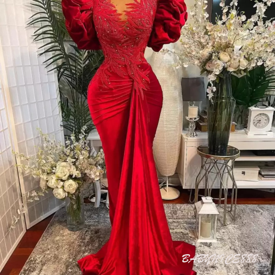Plus Size Arabic Aso Ebi Red Mermaid Lace Prom Dresses Beaded Sheer Neck Velvet Evening Formal Party Second Reception Gowns Dress BC11945