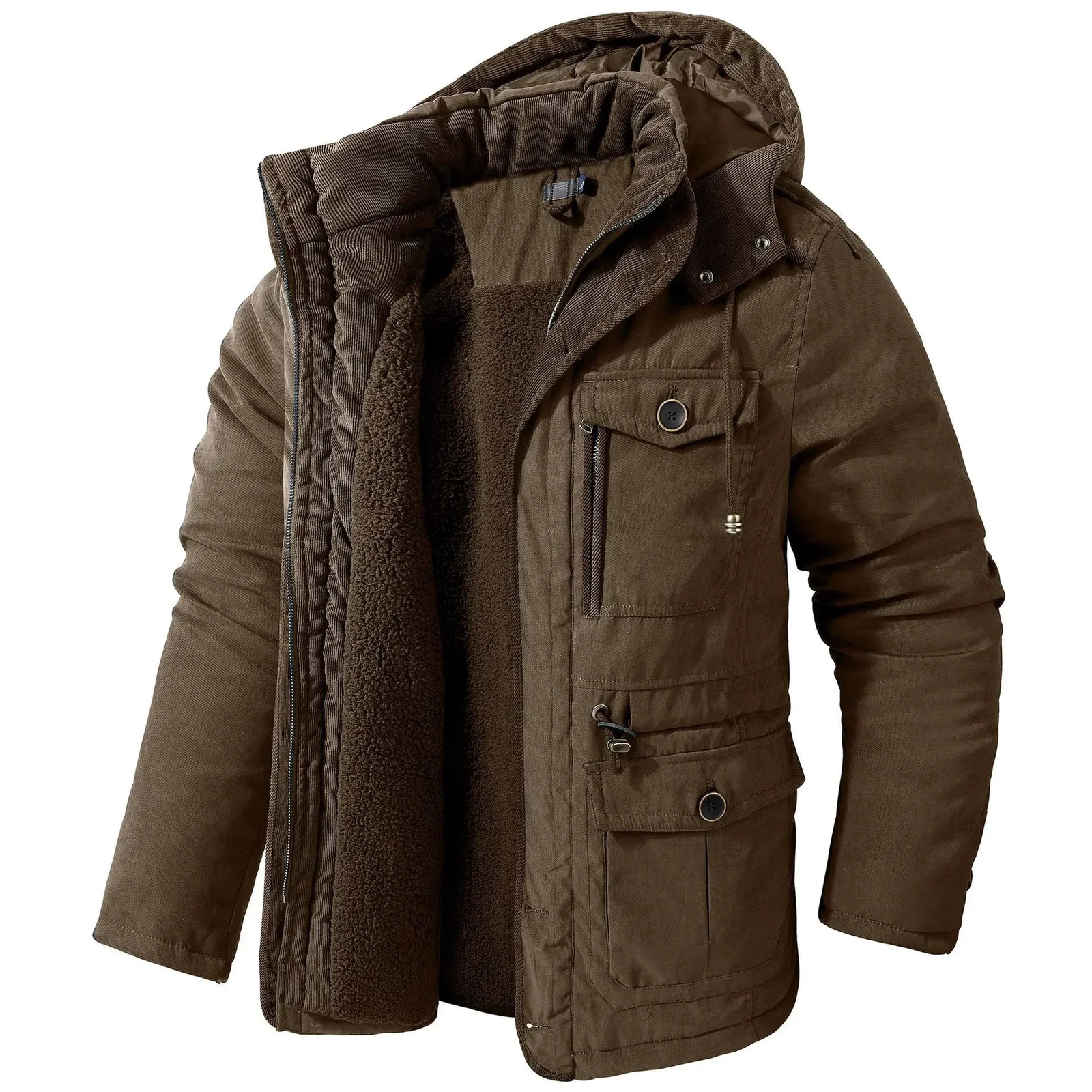 Men's Jacket WINTER USA SIZE Large SIZE Lamb Fleece JACKETS Hooded Cotton Thickened Multi Pocket Casual Mid length Coat 261015