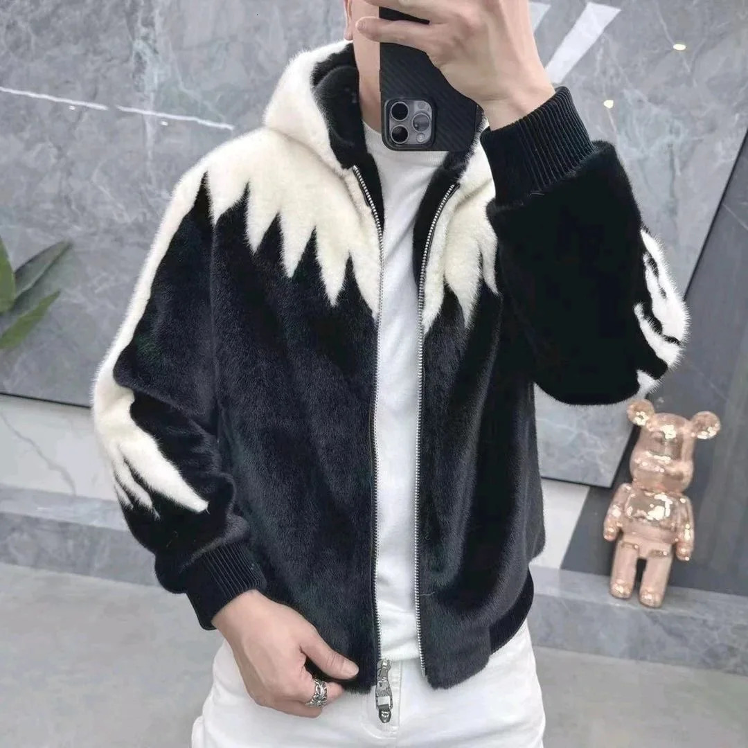 Winter Golden Mink Fur Patchwork Faux Jacket for Men Thick Hooded Warm Casual Business Streetwear Social Coat 261012