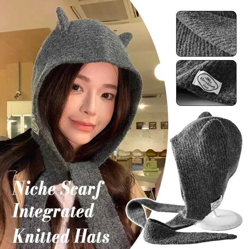 Beanie/Skull Caps Fashion Niche Scarf Integrated Knitted Balaclava Hats for Women Autumn and Winter Warm Versatile Retro Christmas Red Bomber Hat Q2
