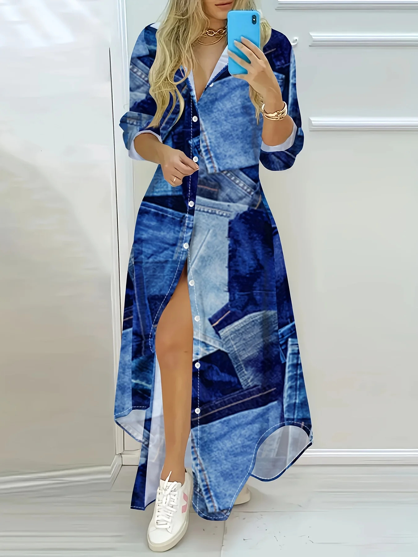 Casual Long Sleeve Denim Print Dress Vacation Style Summer Women A Line Midi Fashion Trendy Outfit Spring Autumn 261015