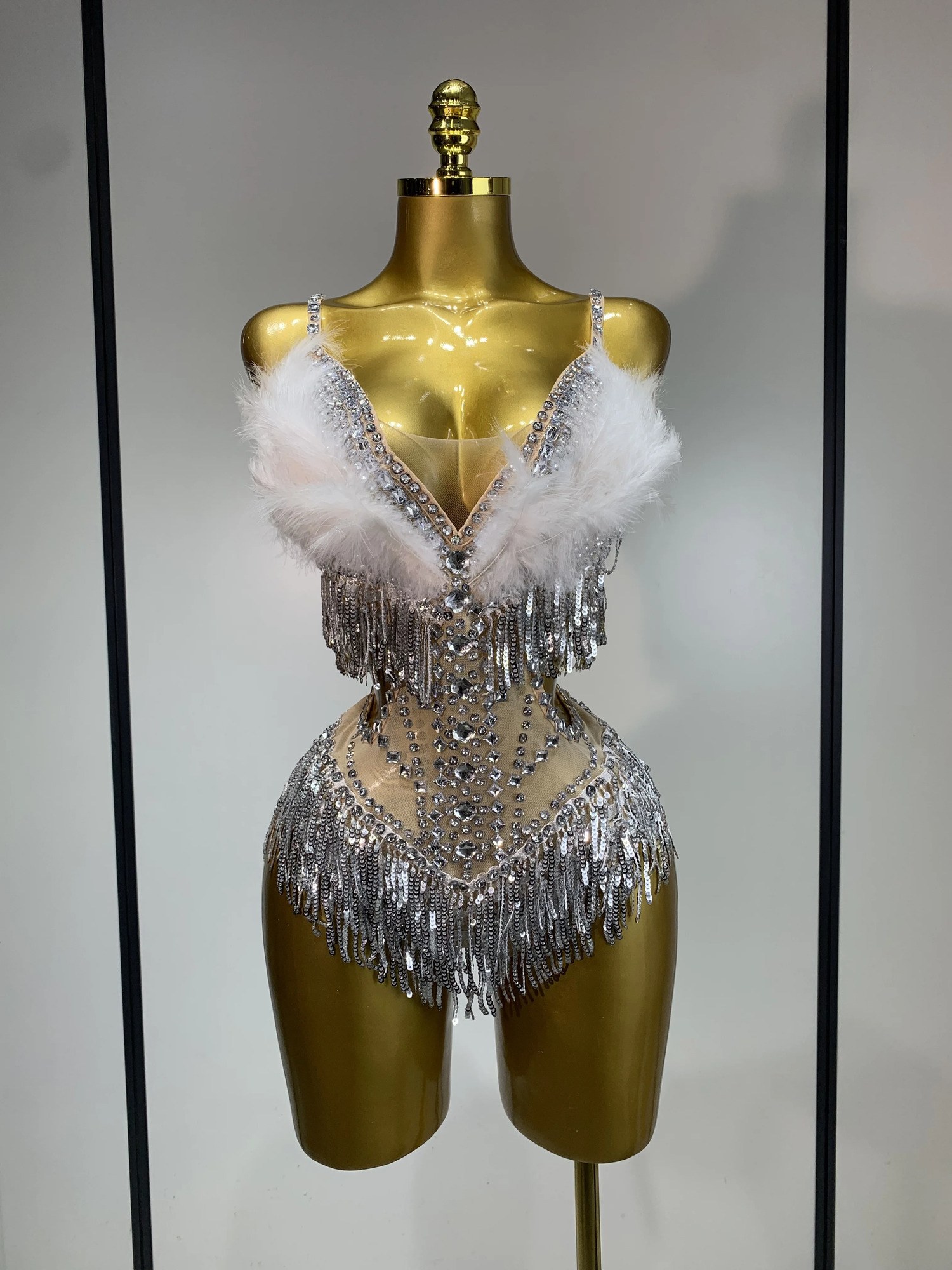 Sparkly Rhinestones Tassels Feathers Bodysuit Women Sexy See Through Performance Dance Costume Singer Dancer Stage Outfit 261015