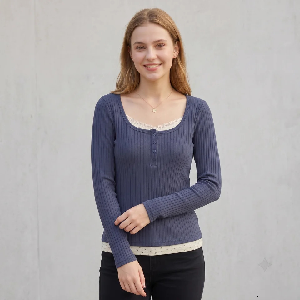Women Vintage Faux Two-Piece Lace Patchwork T-Shirt Ribbed Knit Long Sleeve Top Square Neck Button Slim Y2K Casual Fall Tee 261014
