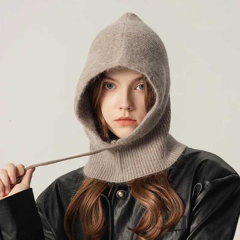 Beanie/Skull Caps 2024 Rabbit Fur Knitted Scarf Hood Balaclava Women Cashmere Beanies Winter Unisex Warm Skiing Hat Outdoor Ear Protection Bonnet Q2