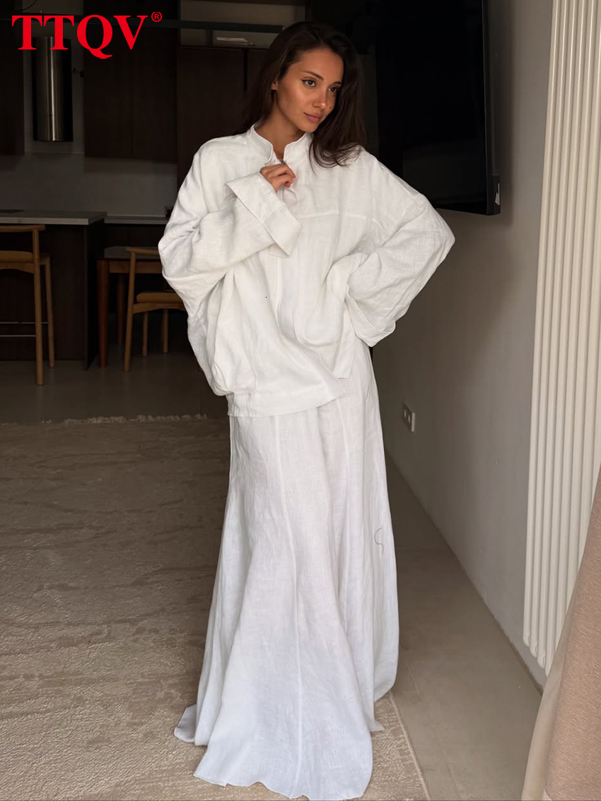 2026 Fashion Loose White Cotton Women 2-Piece Sets 2027 Elegant Long Sleeve Shirt With High Waist Maxi Skirt Set Female Clothing