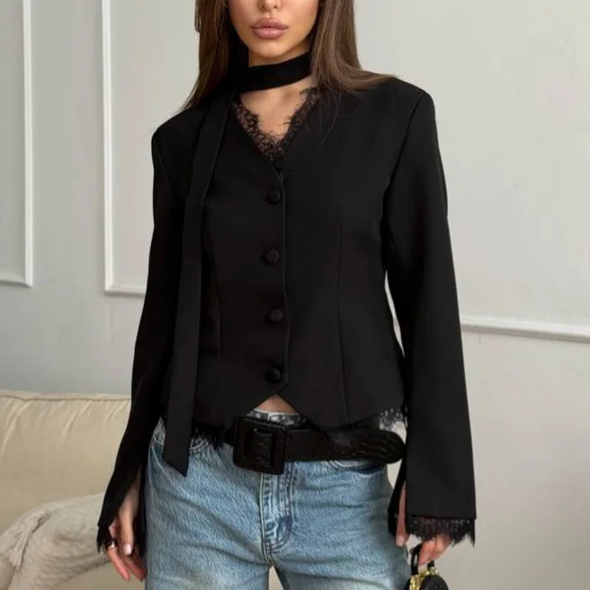 Lace Splicing Small Suit Women's Autumn and Winter Retro Waist Long-sleeved Temperament Suit Jacket 261016