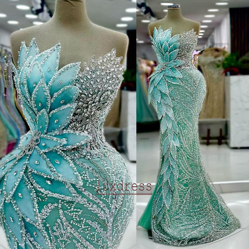 Mint Mermaid Prom Dress For African Women Illusion Mermaid Beaded Rhinestones Lace Leaf Formal Evening Party Gowns Special Occasion Birthday Dress