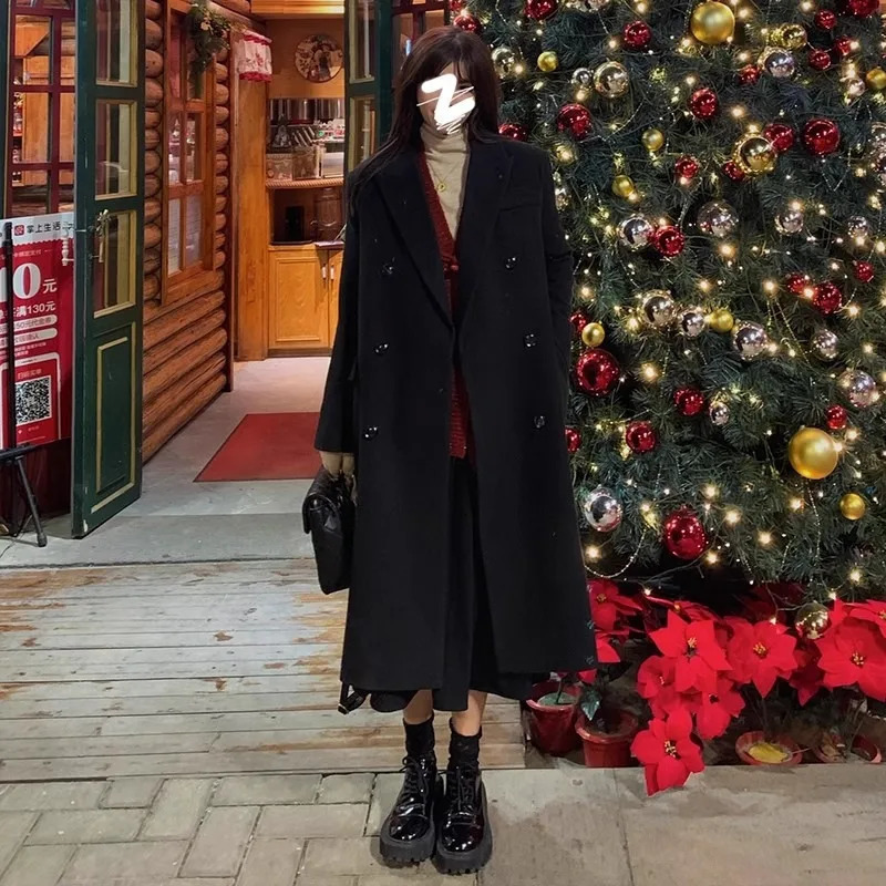 Women Lapel Double Breasted Long Wool Coat Black Oversized Thick Warm Blazer Outwear For Autumn Winter 261016