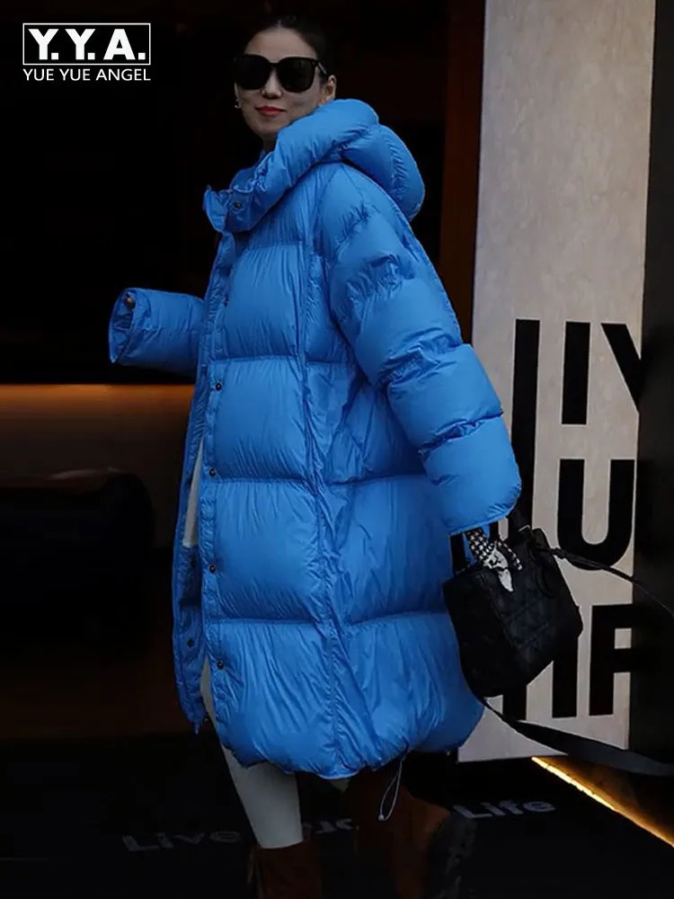 Korean Style Women Blue Hooded Down Jacket Single Breasted Loose Fit Warm Midlength Puffer Jackets Autumn Casual Long Outerwear 261013