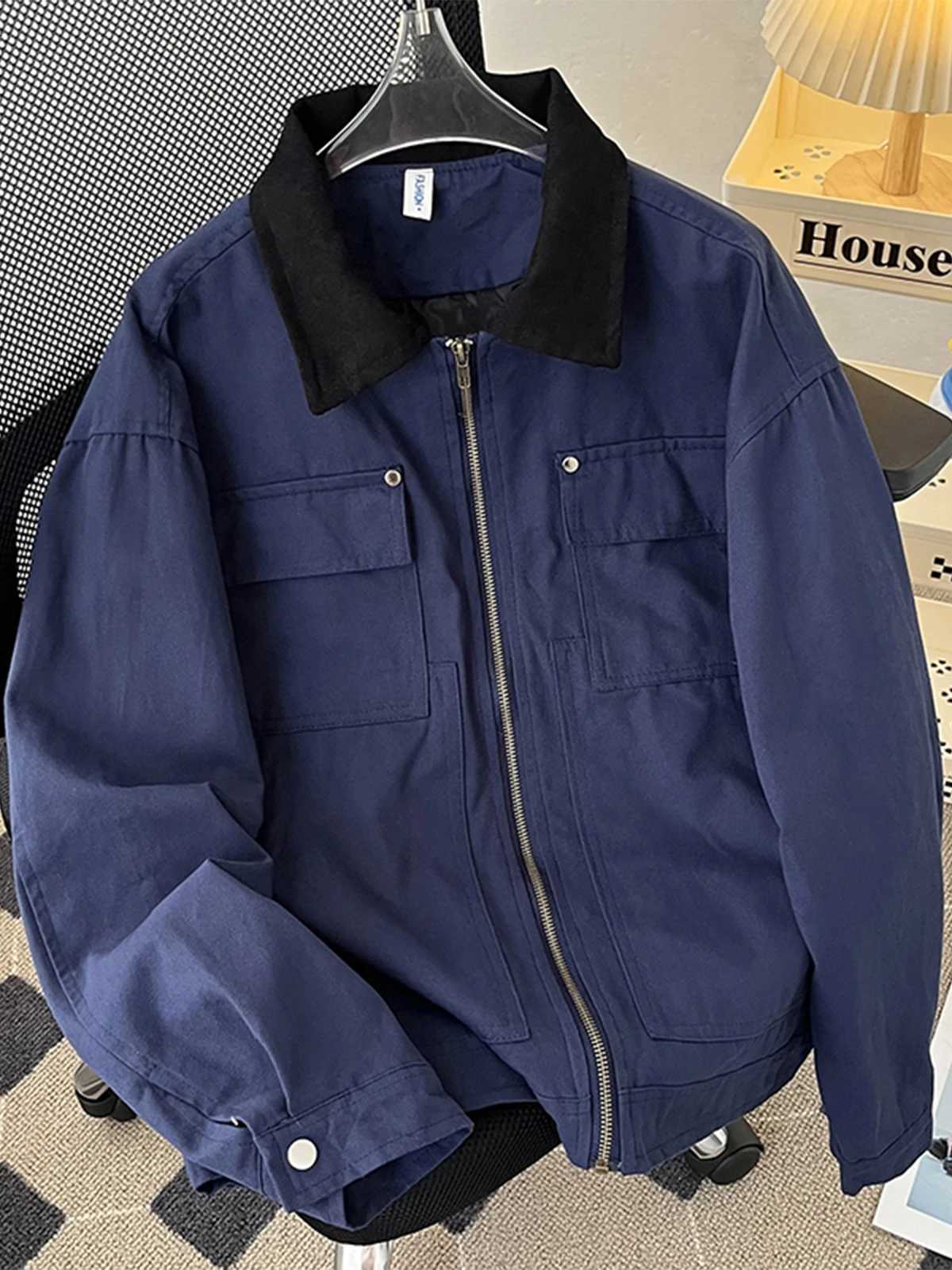 Men Retro Contrasting Color Solid Pockets Casaul Jacket Unisex Men Baseball Bomber Coat Varsity Outerwear High Streetwear S261017R574