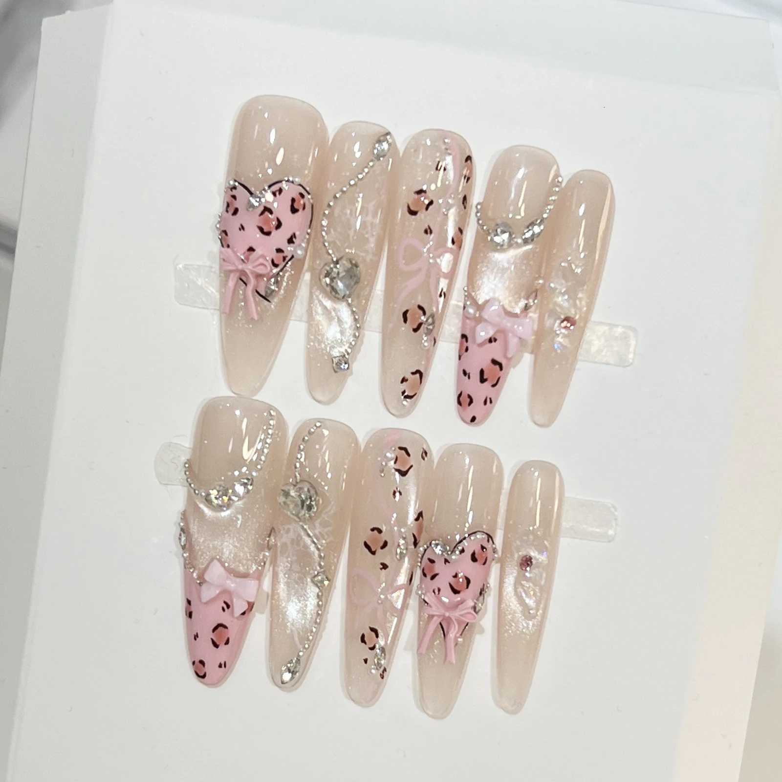 False Nails 10PCS Leopard Print French Fake Nails with Hearts Pink Glitter Cat Eye Press On Nails for Women Party Wedding Wearing Q261017