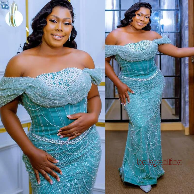 Plus Size Aqua Prom Dress Robe De Sorrie Evening Dresses Off Shoulder Crystals Tiers Tulle Beaded Lace Crystal Birthday Second Reception Gown Am3828