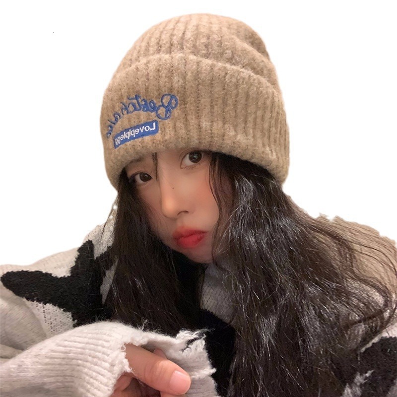 New Women's Warm Knit Korean Style Versatile Autumn Winter Ear Protection Knitted Beanie Hat Face Slimming Khaki