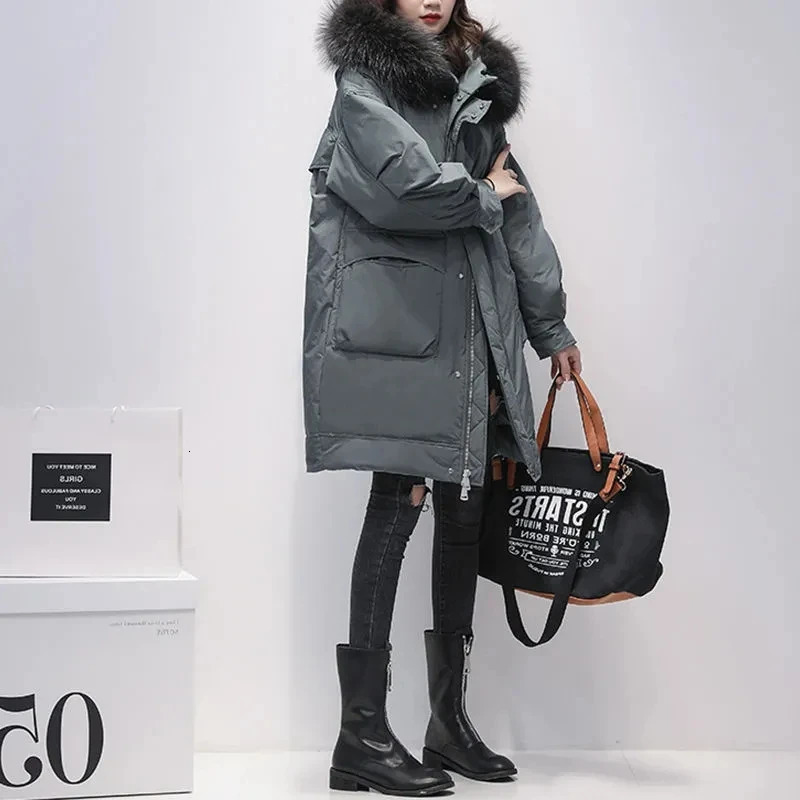 Down Jacket Women's Mid length 2026 Winter Korean version Female raccoon Fur collar Fashion 90White duck down Coats 261013